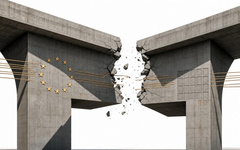 Transferts de données EU-US : le cadre juridique s'effondre — illustration brutaliste d'un pont en béton fissuré au centre, symbolisant la rupture du cadre juridique EU-US