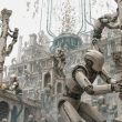 Robots réparant temple antique monumental futuriste