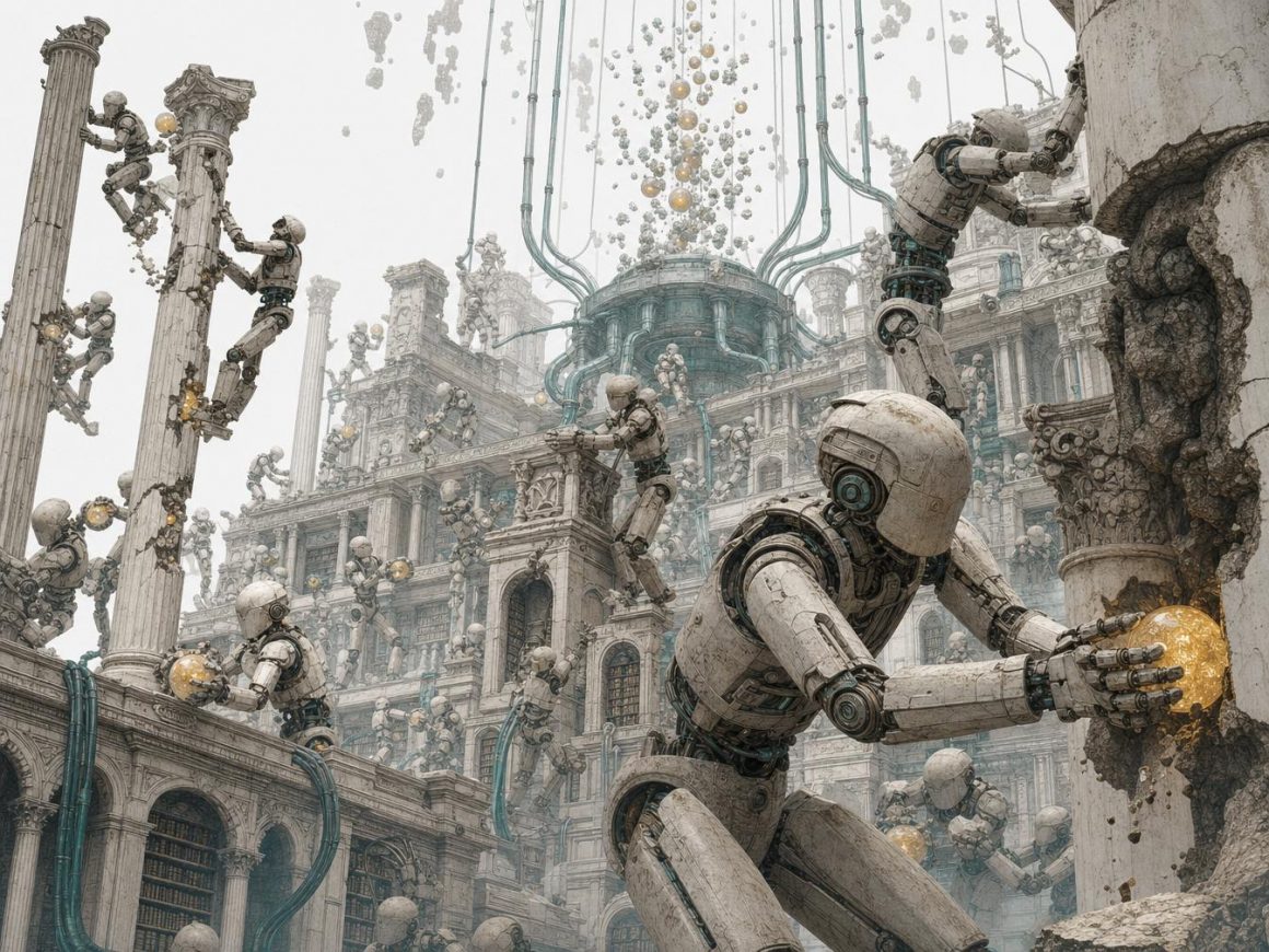 Robots réparant temple antique monumental futuriste