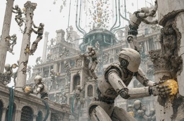 Robots réparant temple antique monumental futuriste