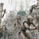 Robots réparant temple antique monumental futuriste