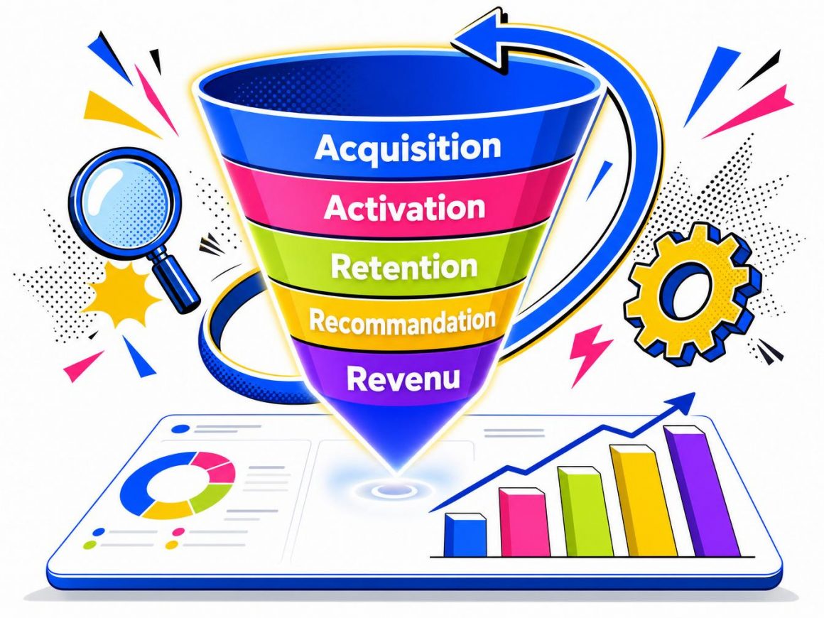 Entonnoir AARRR du growth hacking : acquisition, activation, rétention, recommandation, revenu, entouré d'une boucle de test continue