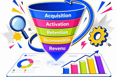 Entonnoir AARRR du growth hacking : acquisition, activation, rétention, recommandation, revenu, entouré d'une boucle de test continue