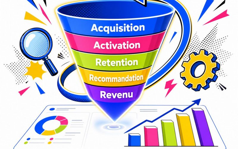 Entonnoir AARRR du growth hacking : acquisition, activation, rétention, recommandation, revenu, entouré d'une boucle de test continue