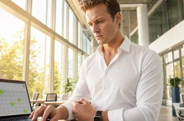 Homme travaillant sur ordinateur portable en bureau lumineux